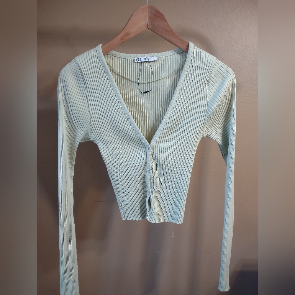 Zara Lime Green Ribbed Cropped Cardigan